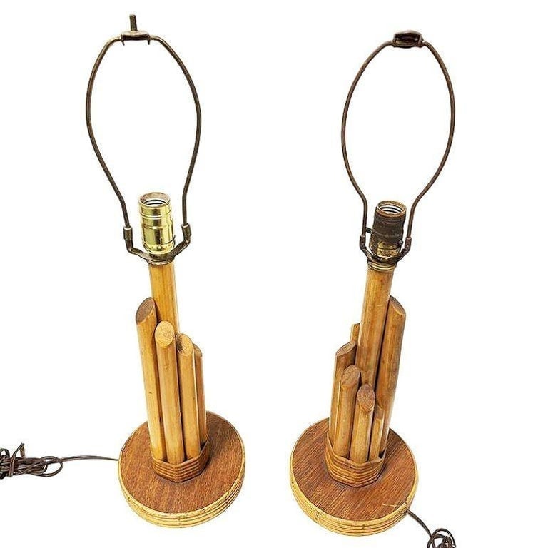 Sculptural Mahogany and Wicker Wrapped Rattan Graduated 7-Pole Table Lamps, Pair - 2