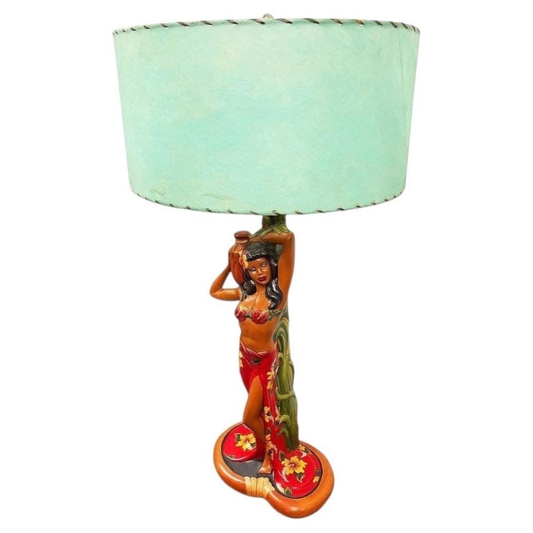 MCM Hand Painted Hawaiian Hula Resin Table Lamp by Santana w/ Wipplestitch Shade: Mid-Century era hand-painted Hawaiian Hula Resin Table Lamp w/ Whipple stitch shade by Santana. The base features a hand-painted, sculpted hula dancer leaning against a palm tree trunk. She is