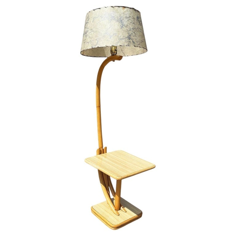 Rare Restored Two-tier Rattan Floor Lamp w/ Built-In Formica Top Side Table (1 of 11)