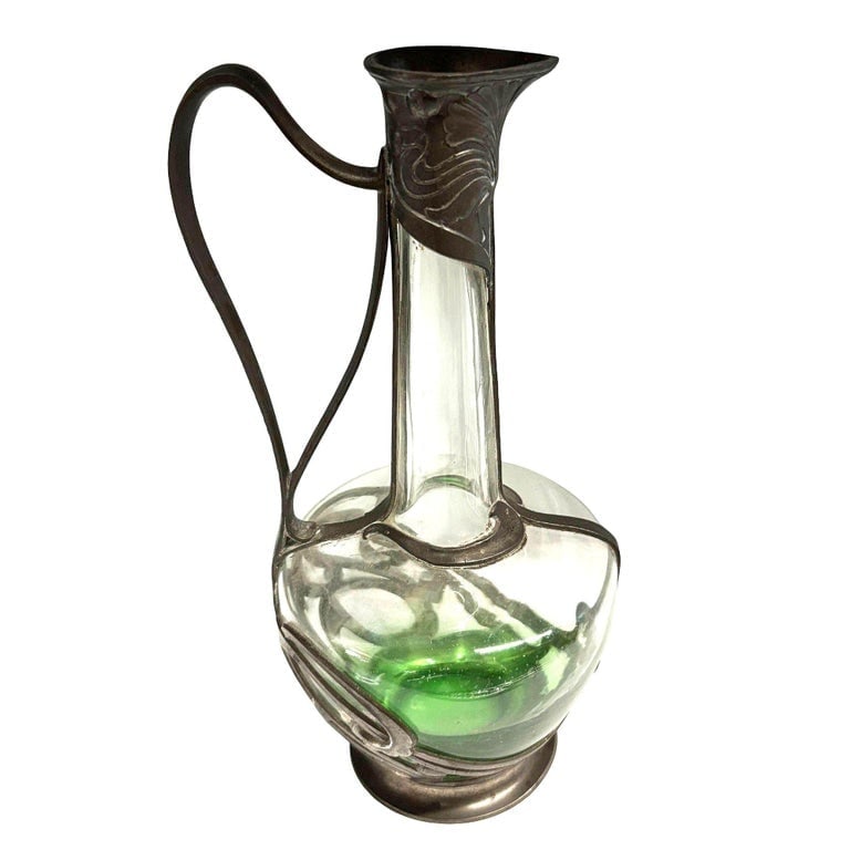 Austrian Art Nouveau Pewter Jugendstil Clade Green Art Glass Wine Carafe - 3