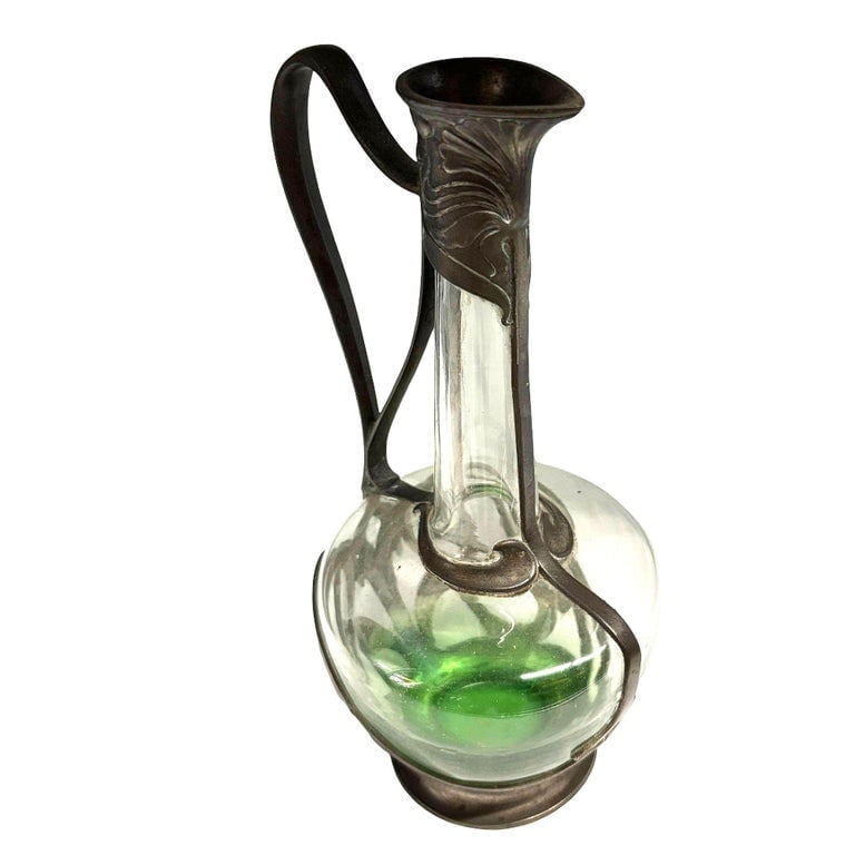 Austrian Art Nouveau Pewter Jugendstil Clade Green Art Glass Wine Carafe - 4