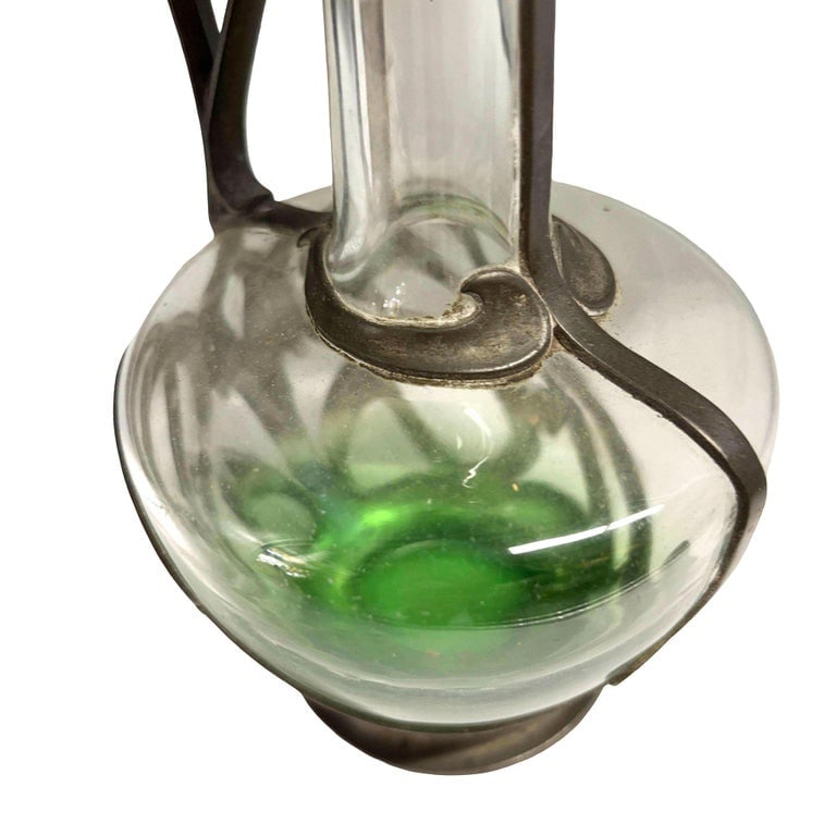 Austrian Art Nouveau Pewter Jugendstil Clade Green Art Glass Wine Carafe - 5