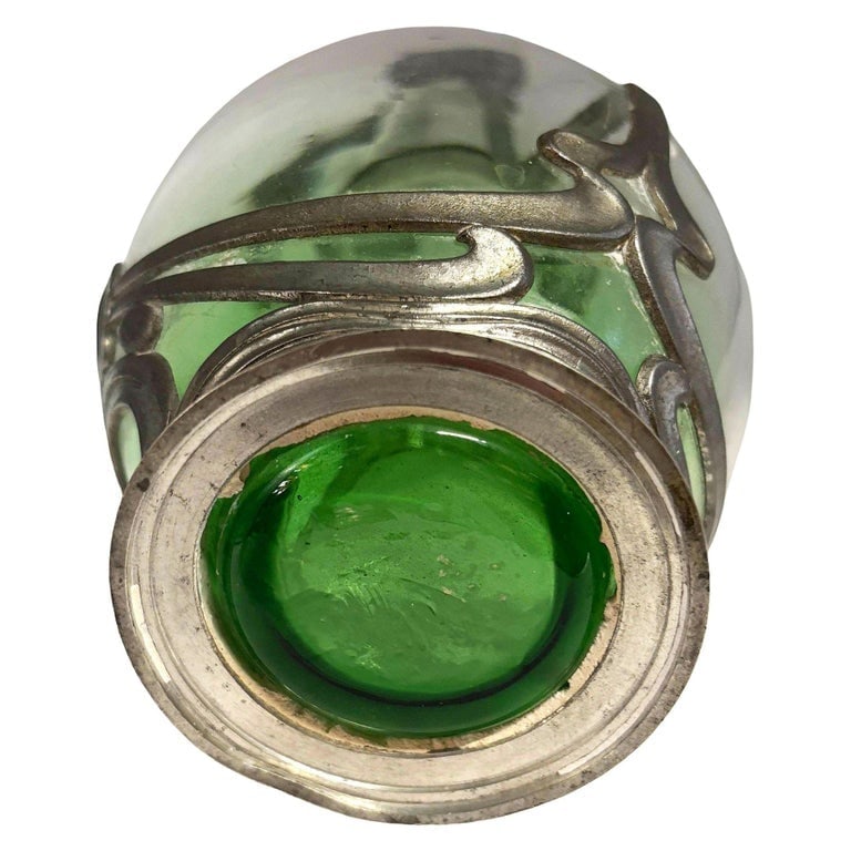 Austrian Art Nouveau Pewter Jugendstil Clade Green Art Glass Wine Carafe - 6