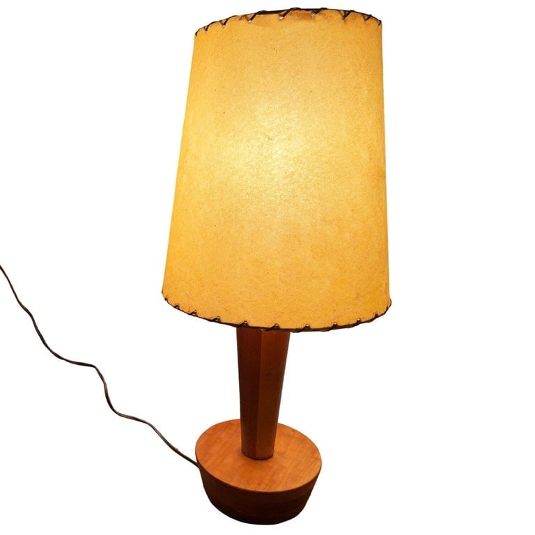 Yasha Heifetz Style Geometric Mid-century Oak Table Lamps w Whipple Stitch Shade - 3