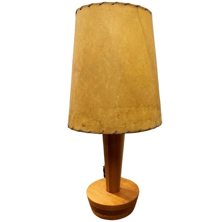 Yasha Heifetz Style Geometric Mid-century Oak Table Lamps w Whipple Stitch Shade - 4