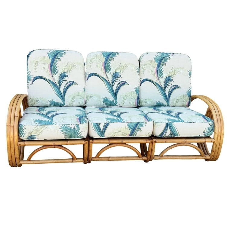 Restored Mid-Century 3-strand 3/4 Round Pretzel Arm Rattan Sectional 3-Seat Sofa - 5