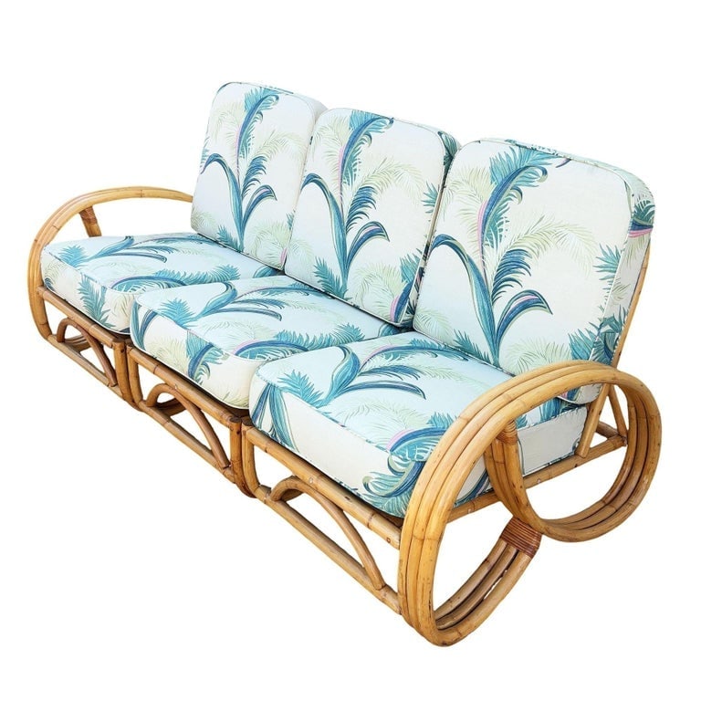 Restored Mid-Century 3-strand 3/4 Round Pretzel Arm Rattan Sectional 3-Seat Sofa - 6