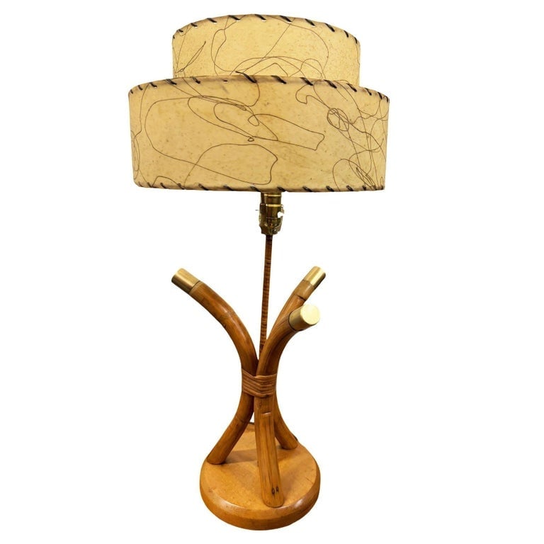 Restored Hourglass Palm Shaped Rattan and Mahogany Lamp w/ Whipple Stitch Shade - 2