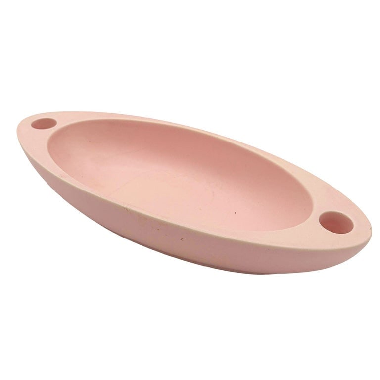 Large California Pottery Pink #437 Bowl w/ Candle Holder by Hyalyn Pottery: This elegant California Pottery centerpiece features a large, soft pink #437 bowl by Hyalyn Pottery. Its sleek, minimalist design is accented by two side candle holders, blending mid-century modern