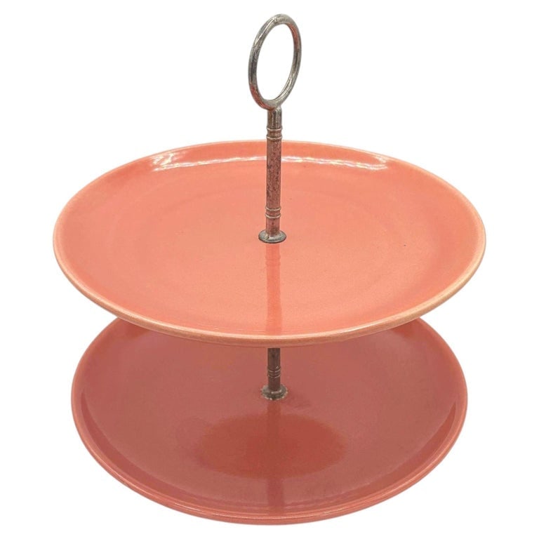 Mid-Century Pink 3 Tier Tidbit or Dessert Stand by Bauer Pottery Los Angeles: Vintage 1950's Bauer Pottery of Los Angeles, California, ceramic/pottery three-tier stand for d'oeuvres, desserts, and appetizers. Beautiful fall colors. To ensure the item is protected in transit, th