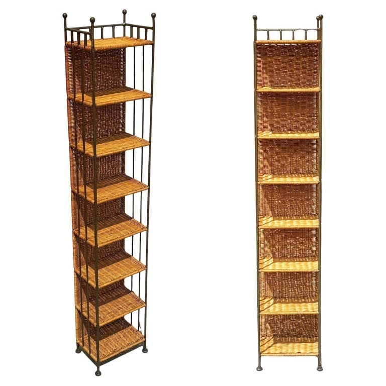 1990s Boho Wicker and Cast Iron Compact Disc CD Holder Towers, Pair (1 of 8)