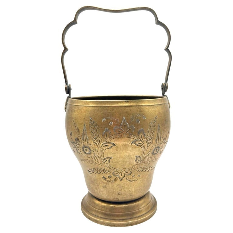 Late Victorian Hand Etched Floral Brass Ice Bucket w/ Whimsical Handle (1 of 12)