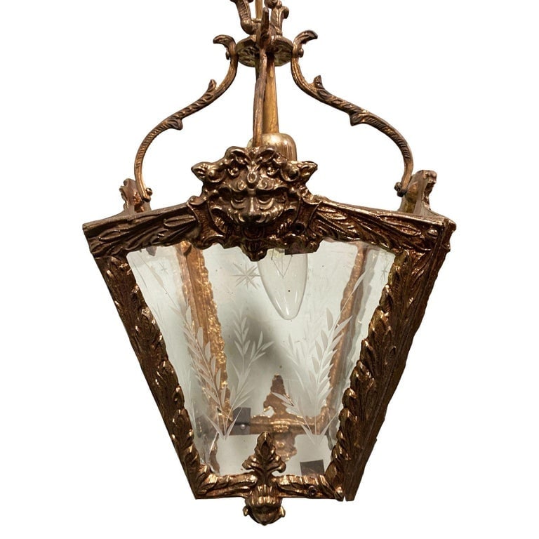 Italian Rococco Style Brass Lantern Hanging Wall Sconce w/ Etched Glass Panels - 10