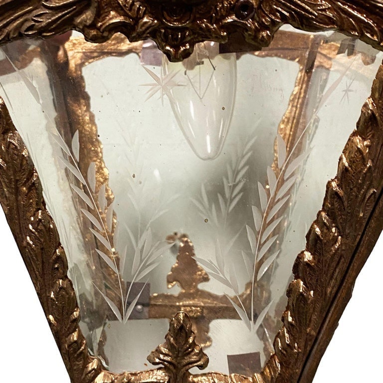 Italian Rococco Style Brass Lantern Hanging Wall Sconce w/ Etched Glass Panels - 13