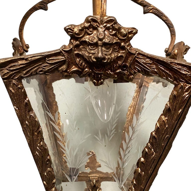 Italian Rococco Style Brass Lantern Hanging Wall Sconce w/ Etched Glass Panels - 14