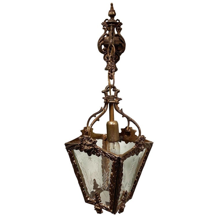 Italian Rococco Style Brass Lantern Hanging Wall Sconce w/ Etched Glass Panels - 2