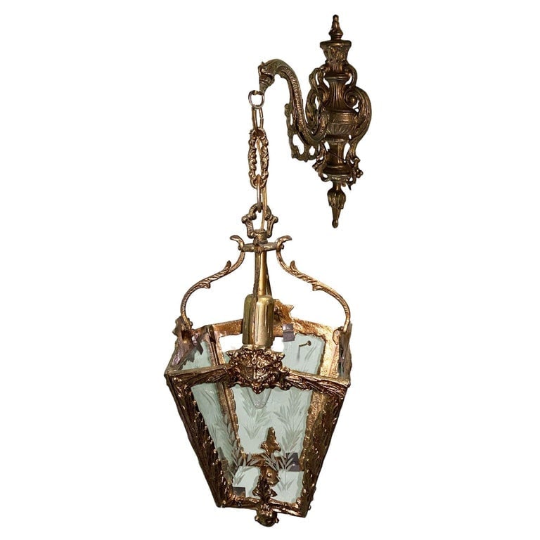 Italian Rococco Style Brass Lantern Hanging Wall Sconce w/ Etched Glass Panels - 3