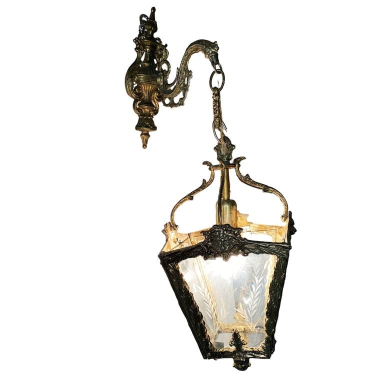 Italian Rococco Style Brass Lantern Hanging Wall Sconce w/ Etched Glass Panels - 4