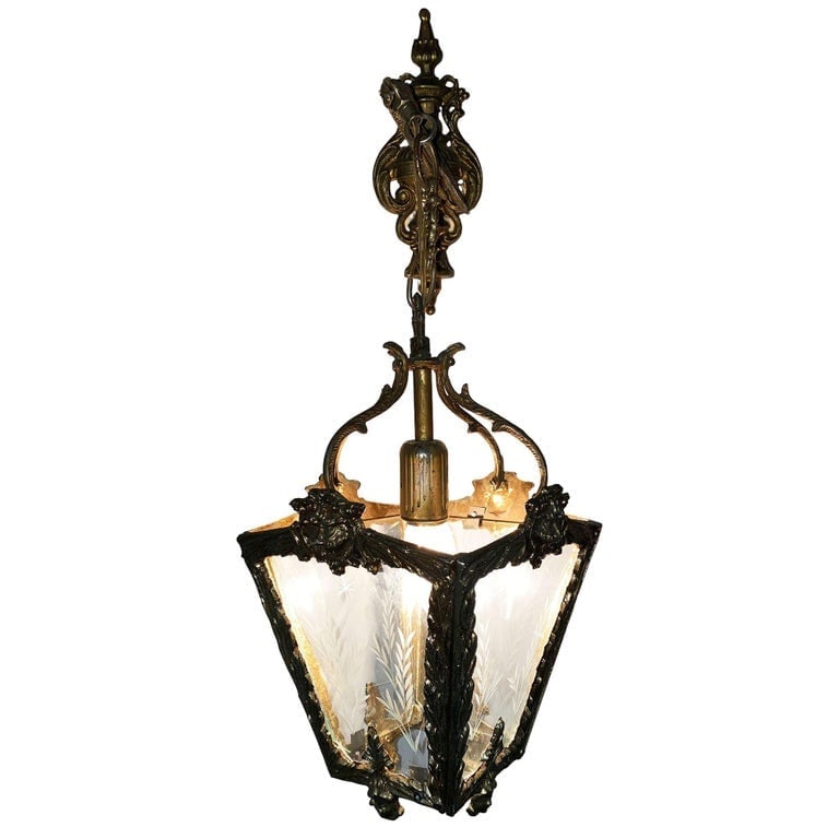 Italian Rococco Style Brass Lantern Hanging Wall Sconce w/ Etched Glass Panels - 5