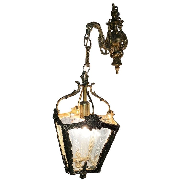 Italian Rococco Style Brass Lantern Hanging Wall Sconce w/ Etched Glass Panels - 6
