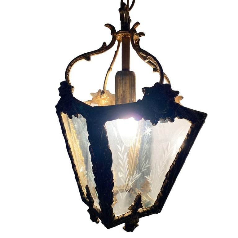 Italian Rococco Style Brass Lantern Hanging Wall Sconce w/ Etched Glass Panels - 7