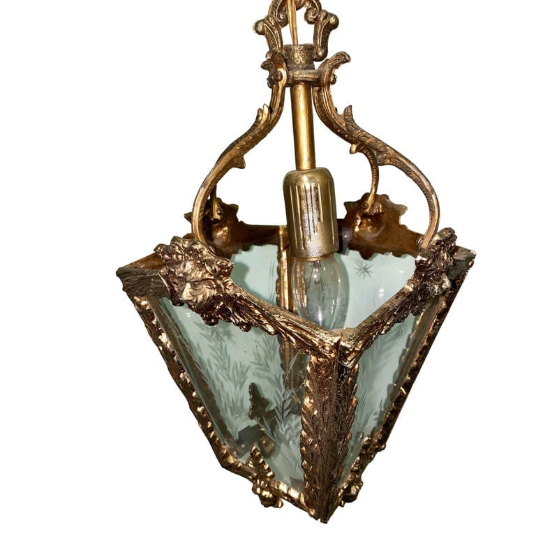 Italian Rococco Style Brass Lantern Hanging Wall Sconce w/ Etched Glass Panels - 8
