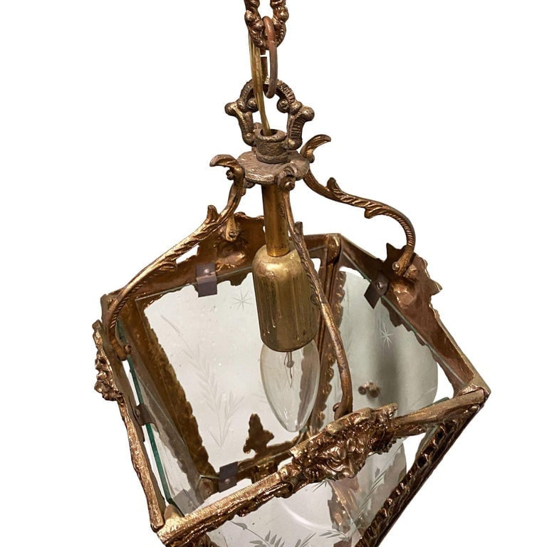 Italian Rococco Style Brass Lantern Hanging Wall Sconce w/ Etched Glass Panels - 9