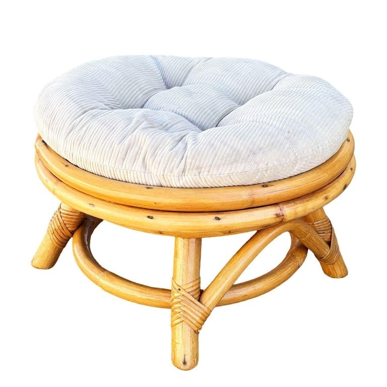 Restored Mid-century Rattan Round Ottoman w/ Tufted Cushion - 3