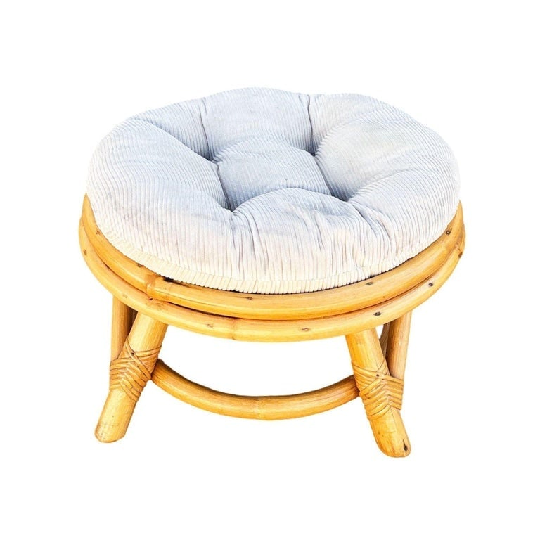Restored Mid-century Rattan Round Ottoman w/ Tufted Cushion - 4
