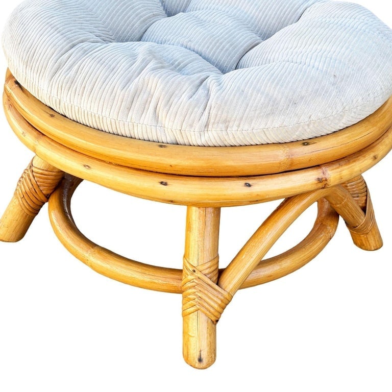 Restored Mid-century Rattan Round Ottoman w/ Tufted Cushion - 5