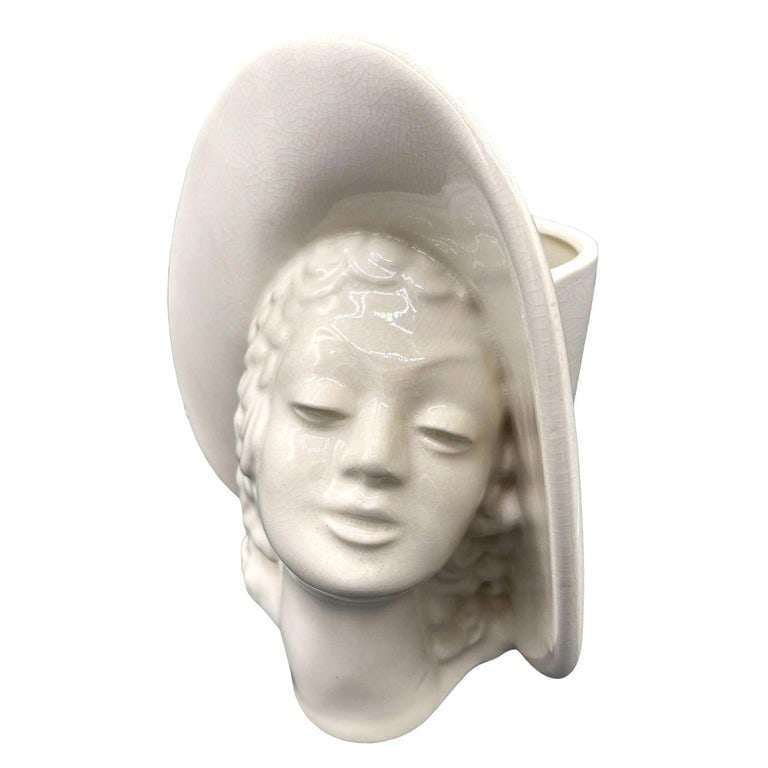 Large Art Deco Hat Lady Bust White Ceramic Planter by Royal Haeger - 4