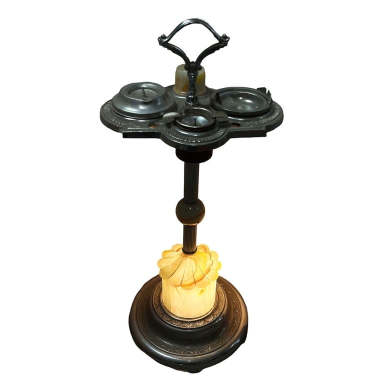 Art Deco Light Up Chrome Ashtray Stand w/ Electric Lighter and Art Glass Base - 2