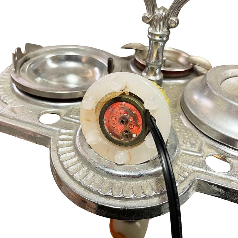 Art Deco Light Up Chrome Ashtray Stand w/ Electric Lighter and Art Glass Base - 6