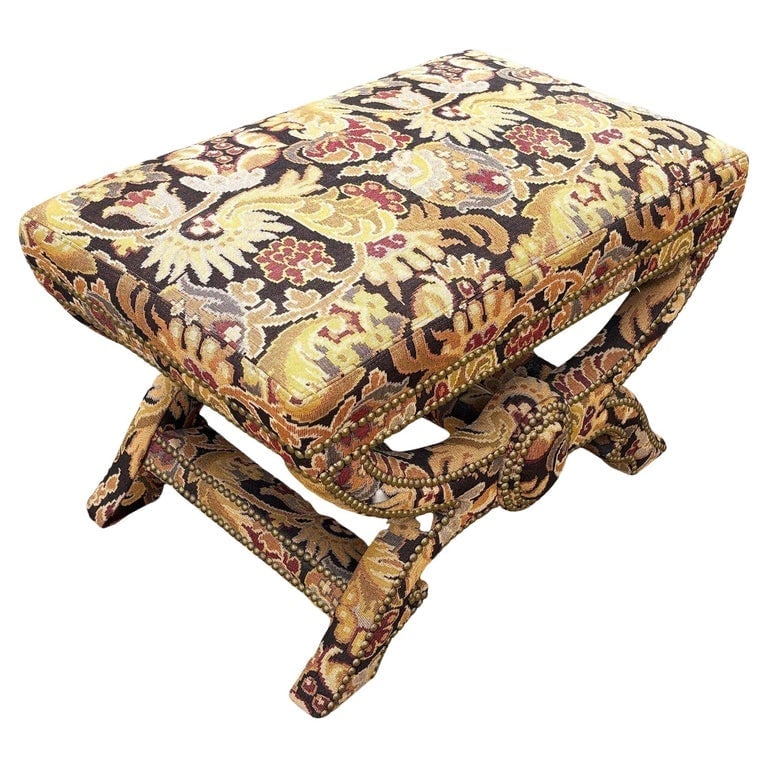 Bespoke Tapestry Upholstery X Bases Studded Nailhead Bench by Billy Baldwin (1 of 5)