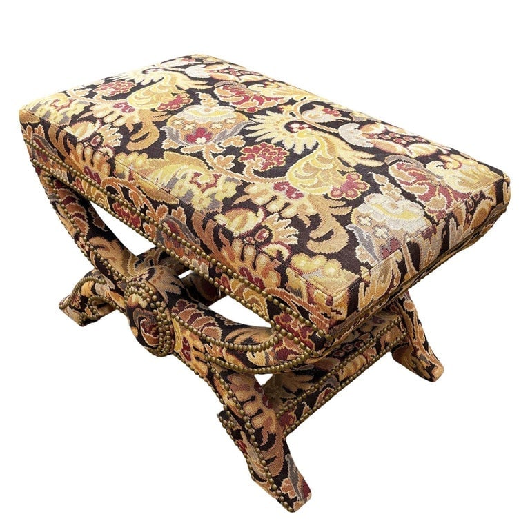 Bespoke Tapestry Upholstery X Bases Studded Nailhead Bench by Billy Baldwin - 5