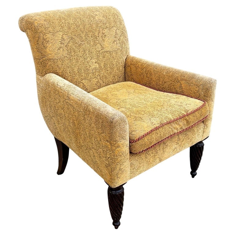 1990 Post Modern Saddle Bag Armchair Lounge w/ Yellow Foliage Pattern Upholstery (1 of 8)