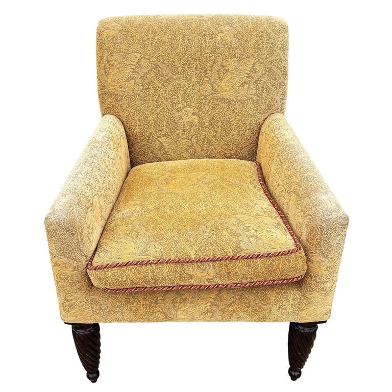 1990 Post Modern Saddle Bag Armchair Lounge w/ Yellow Foliage Pattern Upholstery - 2