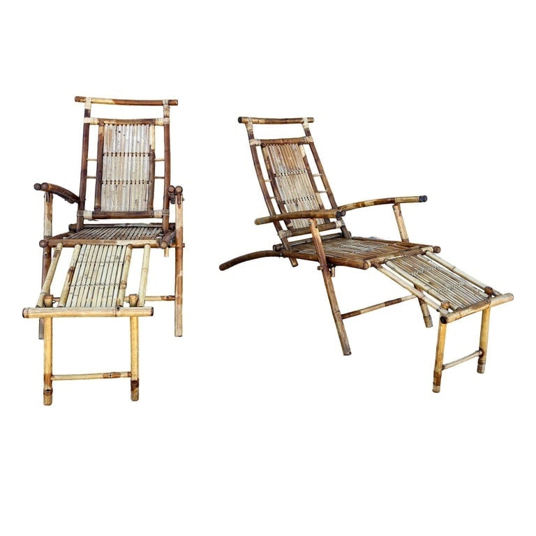 Restored Aesthetic Movement Tiger Bamboo Garden/Patio Fold Lounge Recliner, Pair - 2