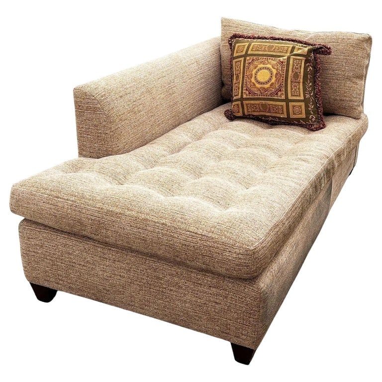 Vintage Tufted Dunkirk Right Arm Chaise Lounge: Dunkirk Right Arm Facing Chaise from Century Furniture. It features a low-profile design with a tufted seat, a single arm on the right (when facing), and a contemporary, textured heavyweight woven