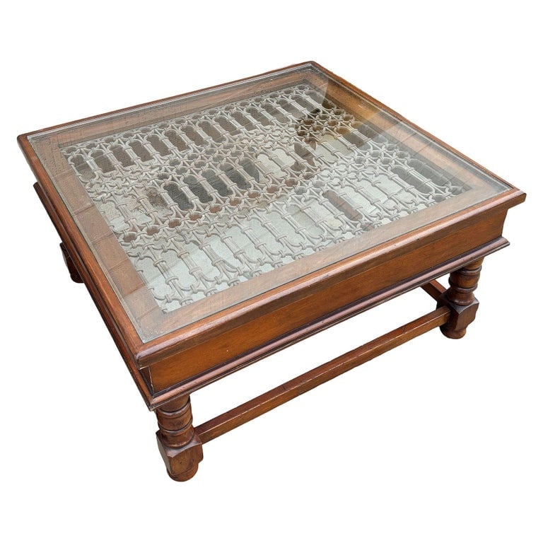 Anglo-Indian Modern Carved Sheesham Wood, Glass and Iron Window Coffee Table - 2