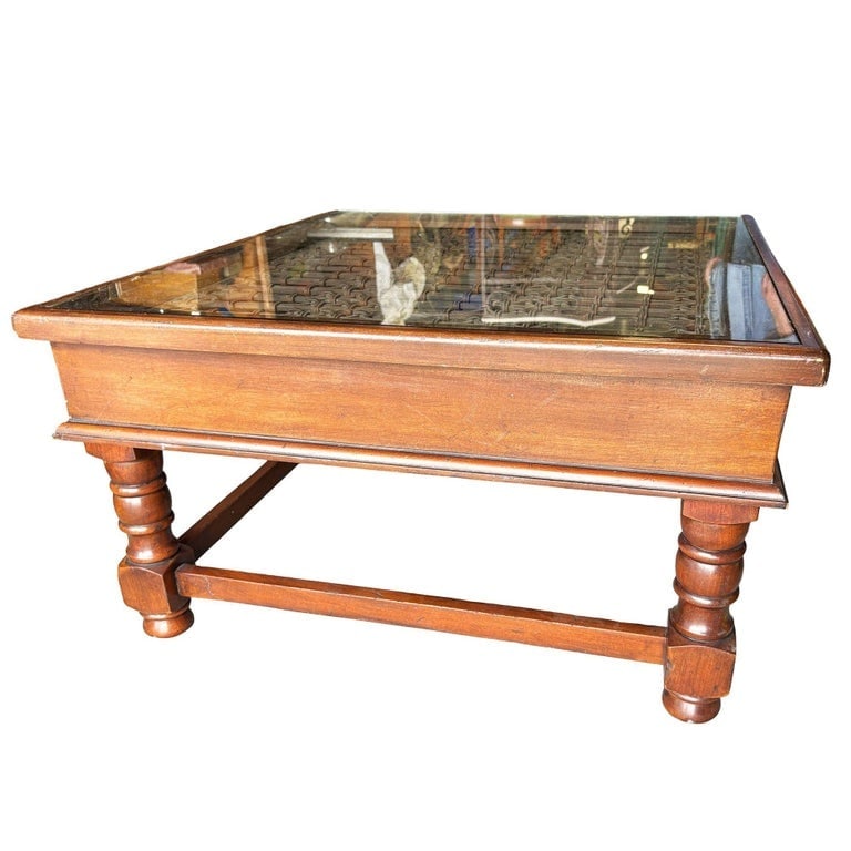 Anglo-Indian Modern Carved Sheesham Wood, Glass and Iron Window Coffee Table - 3