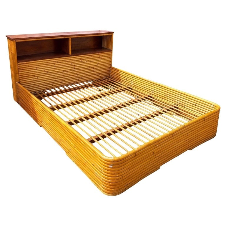 Restored Mid-century Queen Size 13-strand Stacked Rattan Bed Frame w/ Book Shelf (1 of 9)