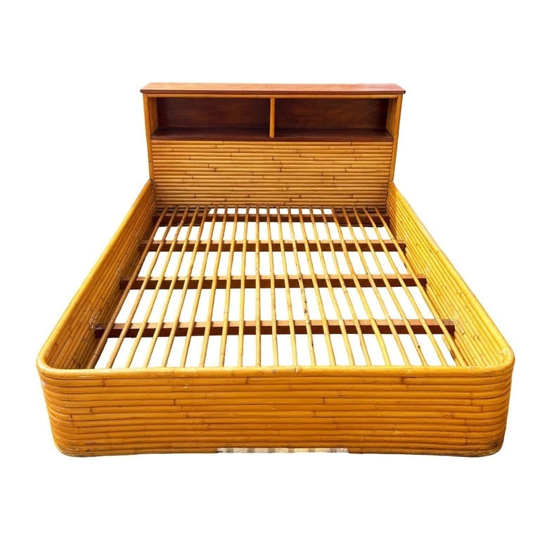 Restored Mid-century Queen Size 13-strand Stacked Rattan Bed Frame w/ Book Shelf - 2