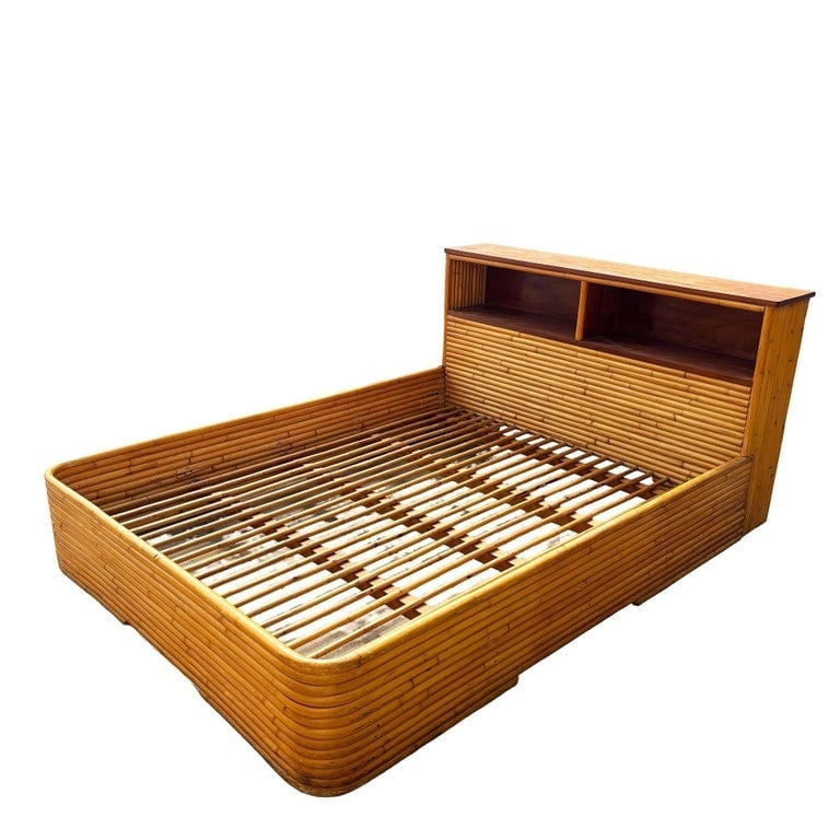 Restored Mid-century Queen Size 13-strand Stacked Rattan Bed Frame w/ Book Shelf - 3