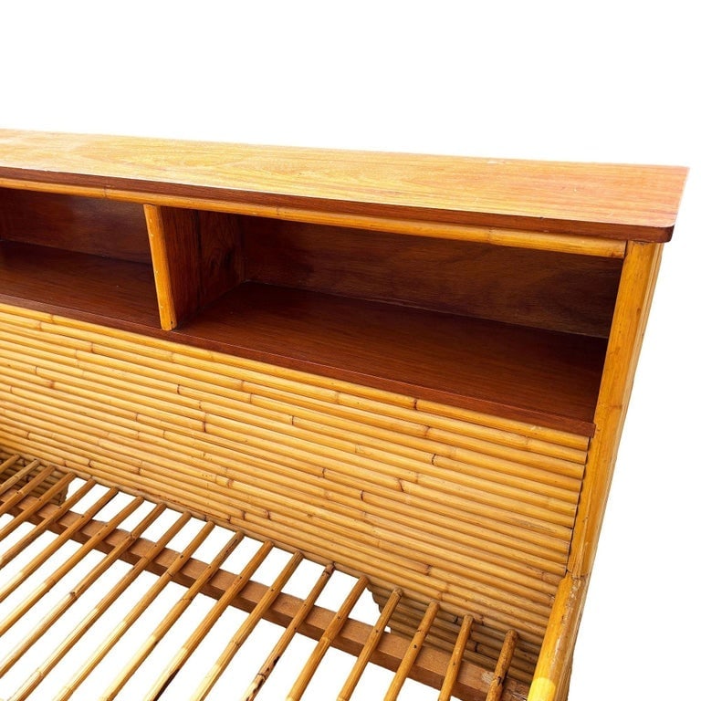 Restored Mid-century Queen Size 13-strand Stacked Rattan Bed Frame w/ Book Shelf - 4