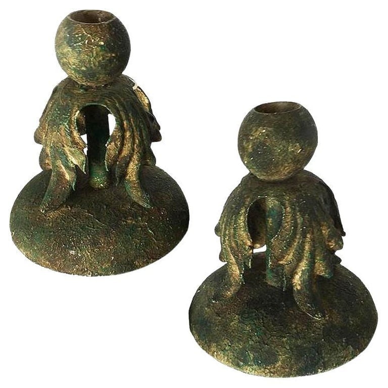 Cast Iron Candlestick Holder With Baroque Leaf Accents, Pair (1 of 5)