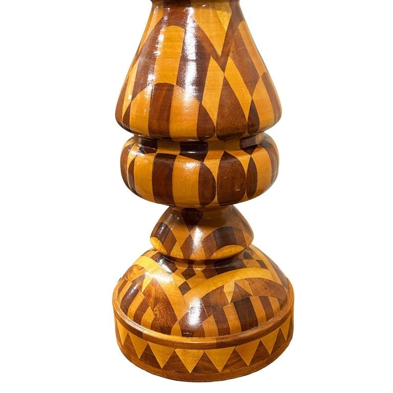 Mid-Century Hand Turned Segmented Marquetry Inlay Mosaic Table Lamp w/ Shade - 6