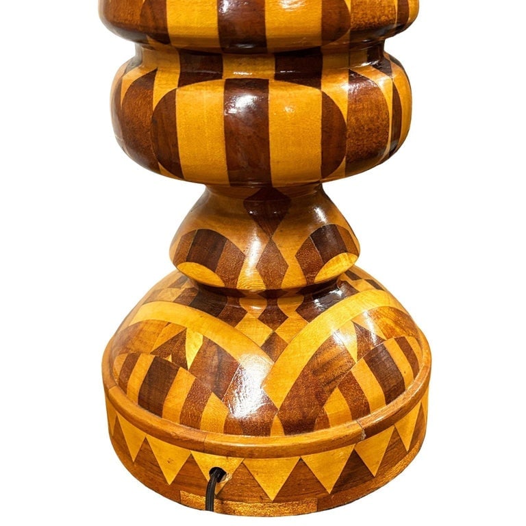 Mid-Century Hand Turned Segmented Marquetry Inlay Mosaic Table Lamp w/ Shade - 7