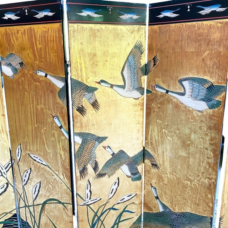 MCM Chinese Export Hand Gilded 6-Panel Geese Coromandel Screen Room Divider - 11