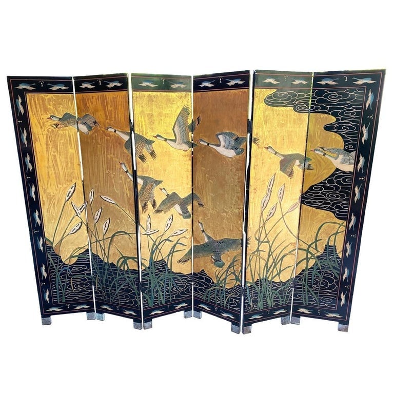 MCM Chinese Export Hand Gilded 6-Panel Geese Coromandel Screen Room Divider - 2
